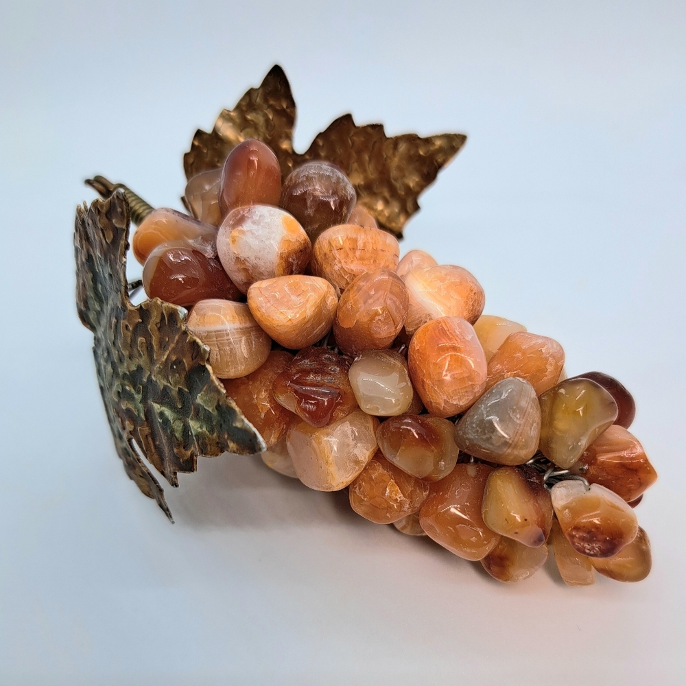 Vintage 1950 Carnelian Stone Beaded Grape Cluster with Metal Leaves